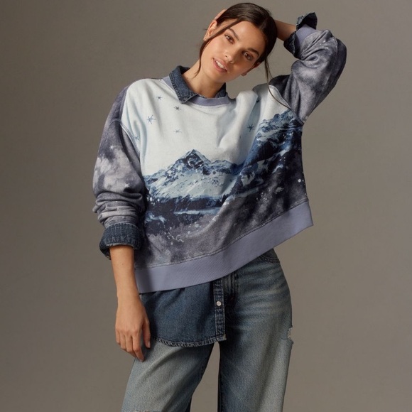 Pilcro Scenic Mountain Crew Neck Sweatshirt from Anthropologie Blue Pattern Sz L - Picture 3 of 13